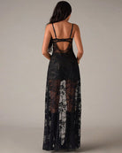 Black sheer maxi lingerie dress with lace back cutout and corset-style straps