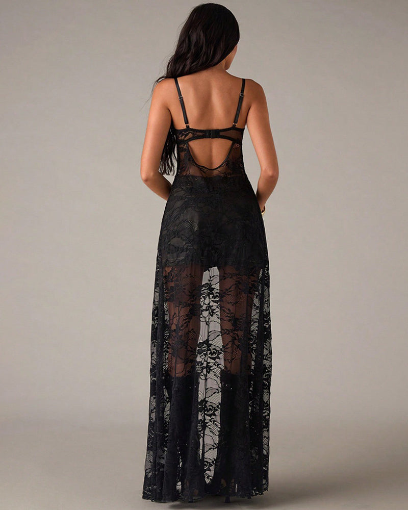 Black sheer maxi lingerie dress with lace back cutout and corset-style straps