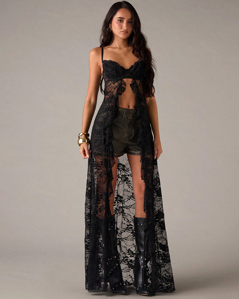 Black lace strapless corset-style sheer maxi lingerie dress with decorative heart motif