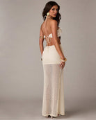 Beige open-knit halter maxi dress with sequin cups and tie-back waist