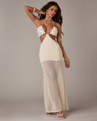 Beige crochet halter maxi dress with sequin triangle cups and open cutout front