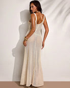 Beige crochet maxi cover-up with spaghetti straps and open back, sequined open knit