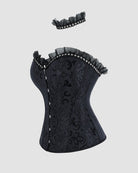 Black corset top side view with ruffled trim and embossed brocade texture