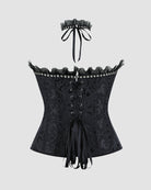 Black strapless corset top with lace-up front, ruffled trim, and bow tie detail