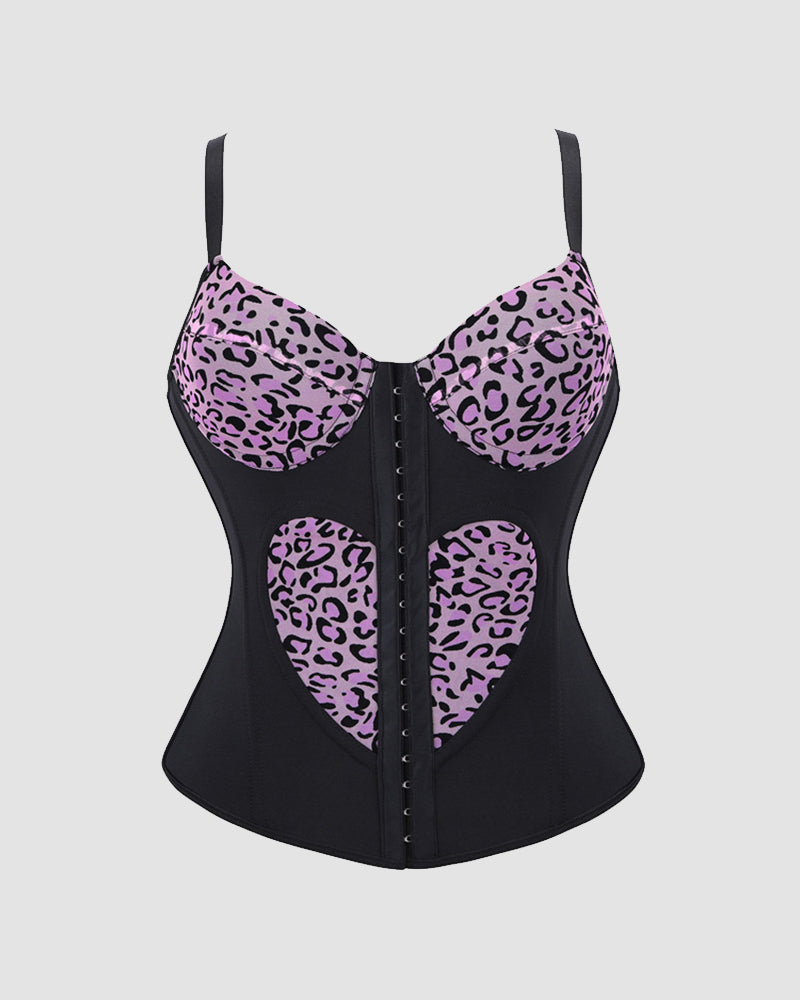 Black leopard-print heart cutout corset top with underwire cups and spaghetti straps
