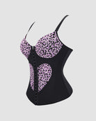 Black corset top with leopard-print heart panels and adjustable spaghetti straps