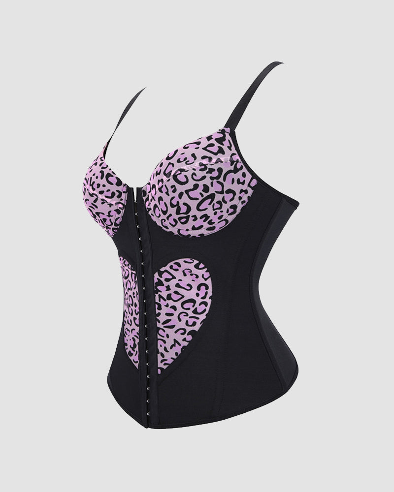 Black corset top with leopard-print heart panels and adjustable spaghetti straps