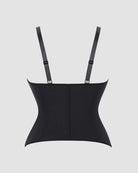 Black corset top with back center seam and spaghetti straps