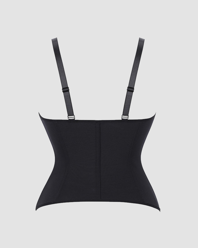 Black corset top with back center seam and spaghetti straps