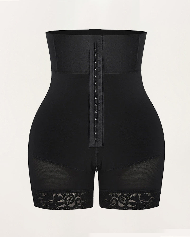 Black high-waisted shapewear shorts, front view, hook-and-eye panel and lace hem