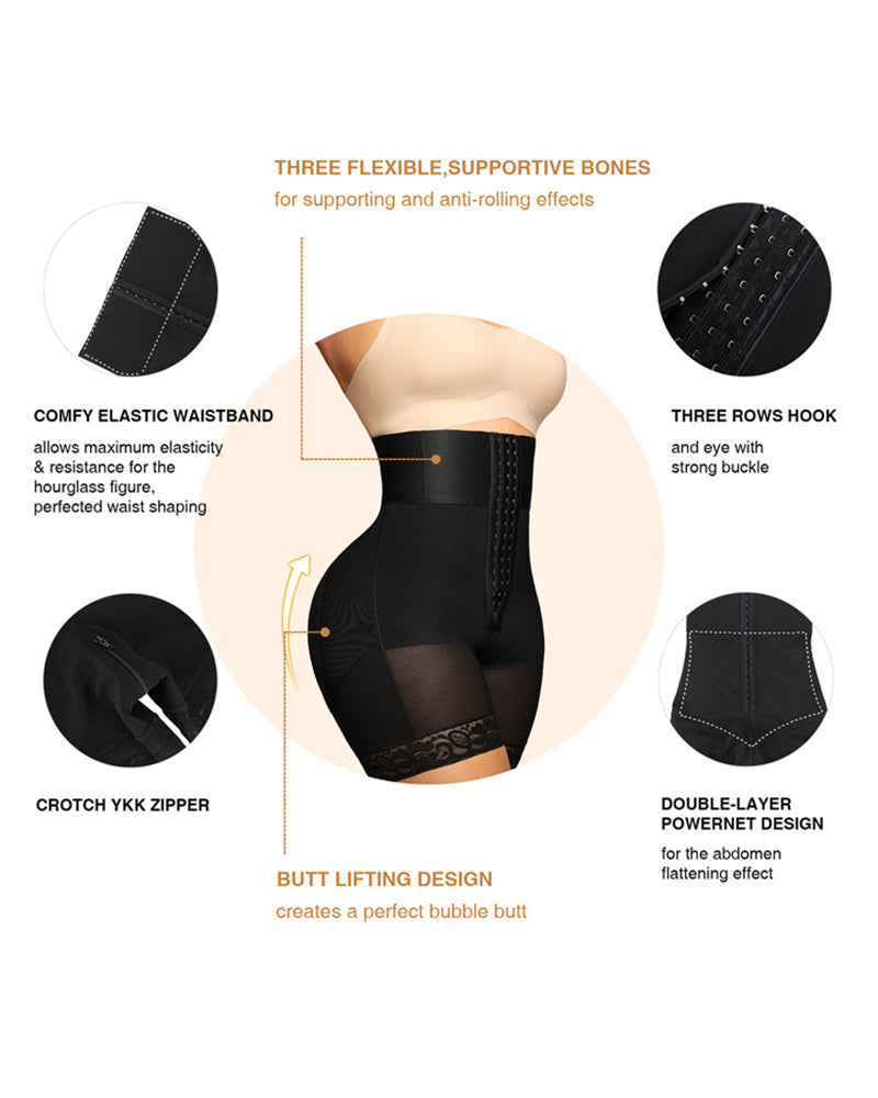 Black shapewear shorts detail with hook-and-eye panel and lace trim