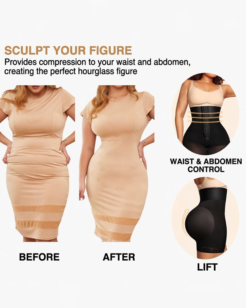 Nude shapewear shorts with hook-and-eye panel and lace hem; black side inset