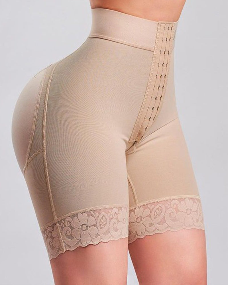 Skin-tone high-waisted shapewear shorts, side view, hook-and-eye panel and lace trim