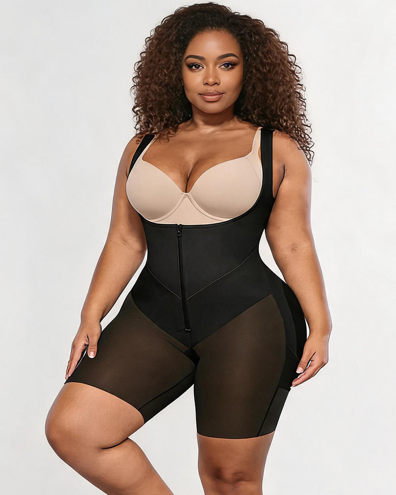Black front-zip tummy-control shapewear bodysuit with long legs, full-body front view