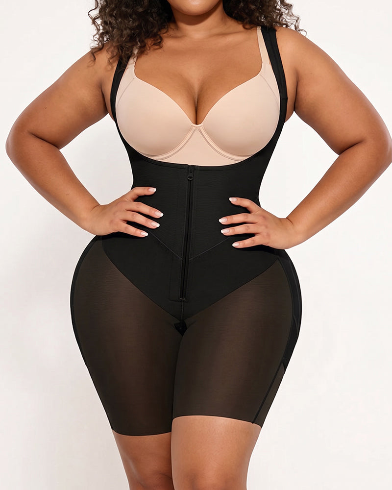 Black front-zip tummy-control bodysuit with light bra cups, front view