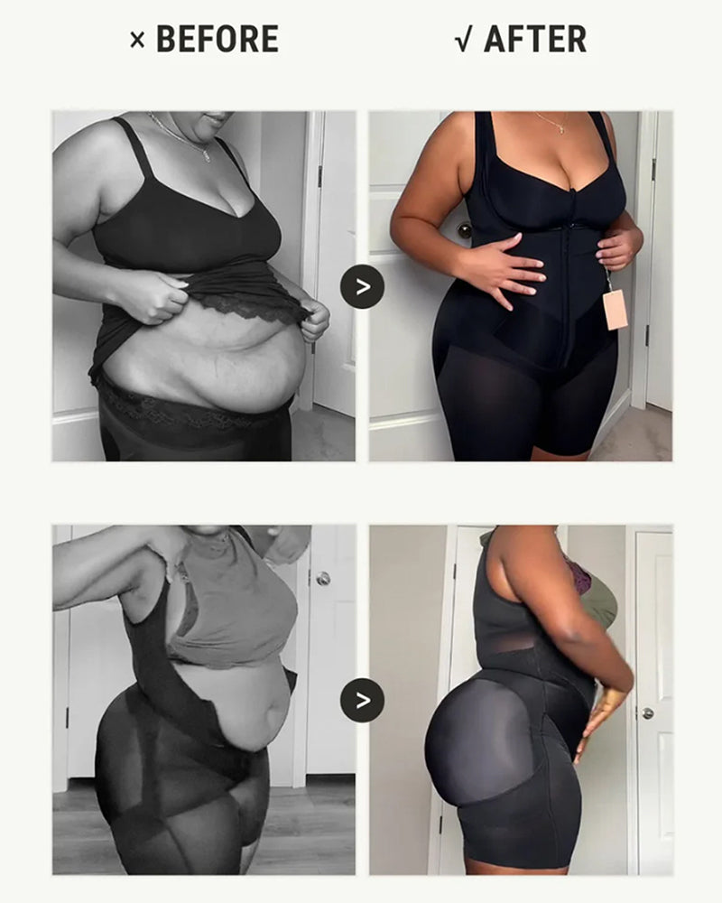 Black front-zip shapewear bodysuit on model in a before-and-after style collage