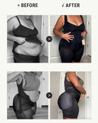 Black front-zip shapewear bodysuit on model in a before-and-after style collage