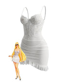 White lace corset babydoll mini dress with sweetheart cups and layered ruffle hem