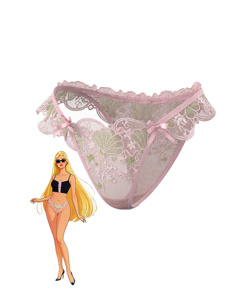 Pink lace cheeky panties with ruffle waistband and bow detail, sheer front