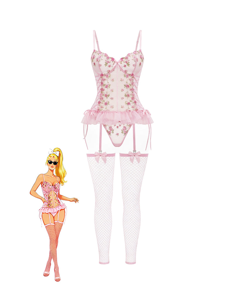 Pink floral lace corset top with ruffled hem, garter straps, and sheer stockings