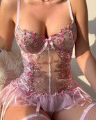 Pink floral lace corset bodice with underwire cups and ruffled tulle trim