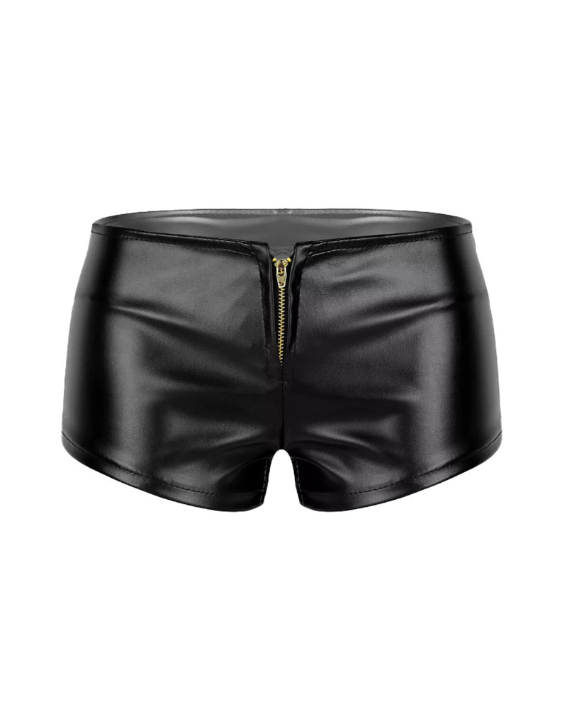 High-waisted faux leather mini shorts in black, front view with gold zipper