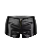 High-waisted faux leather mini shorts in black, front view with gold zipper