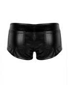 High-waisted faux leather mini shorts in black, front view with patch pockets and zipper