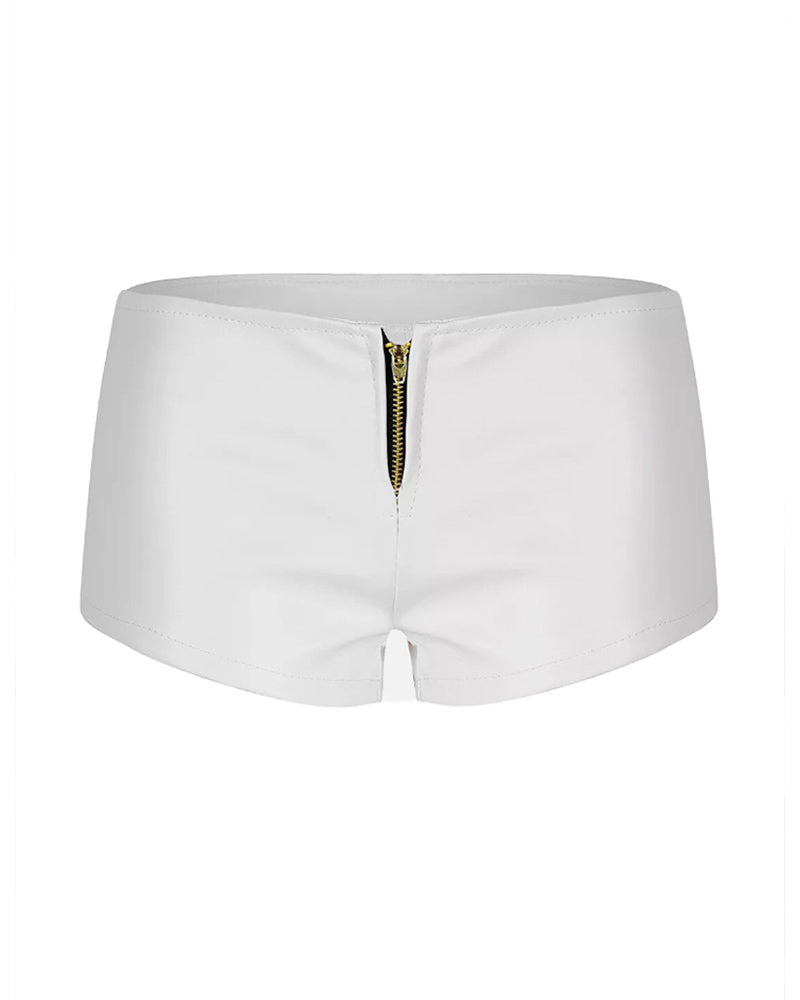 High-waisted faux leather mini shorts in white, front view with gold zipper