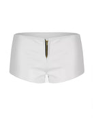High-waisted faux leather mini shorts in white, front view with gold zipper