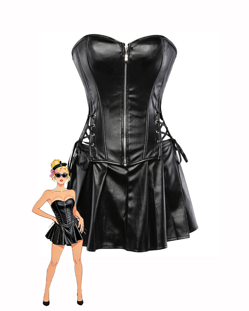 Black faux leather strapless corset top with pleated mini skirt, side lace-up ties