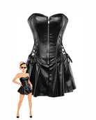 Black faux leather strapless corset top with pleated mini skirt, side lace-up ties