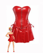 Red faux leather strapless corset top with pleated mini skirt and tie sides