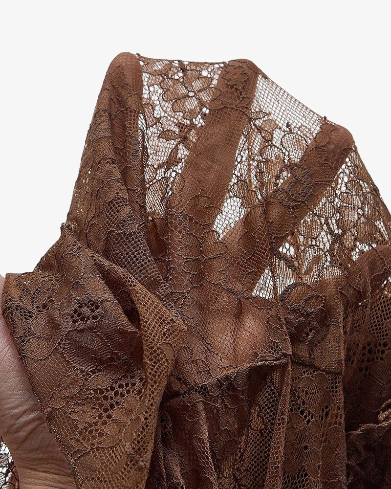 Brown lace mini dress bodice and layered ruffle sleeves detail