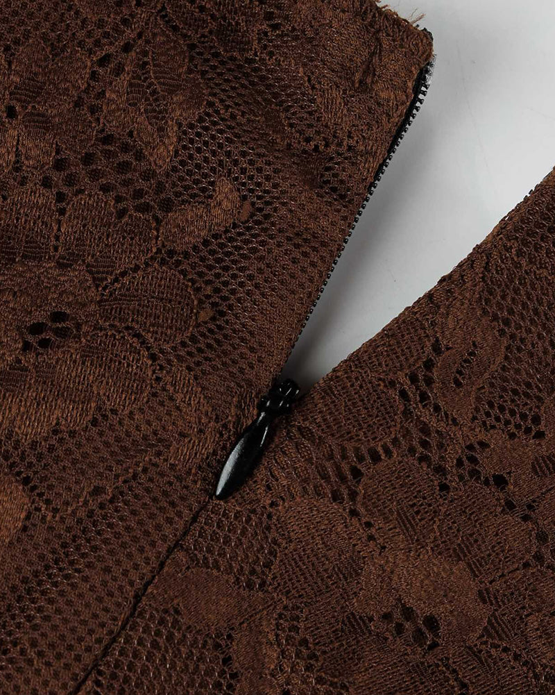 Brown lace mini dress back strap and floral pattern detail