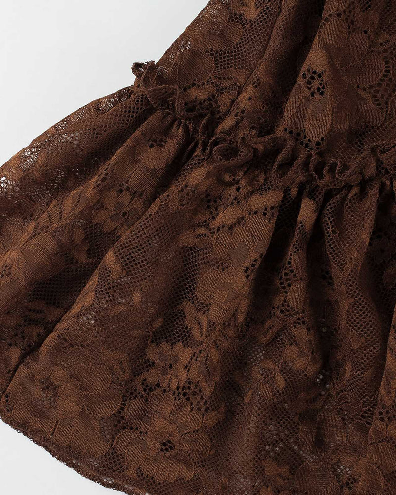 Brown lace ruffled mini dress neckline and shoulder detail