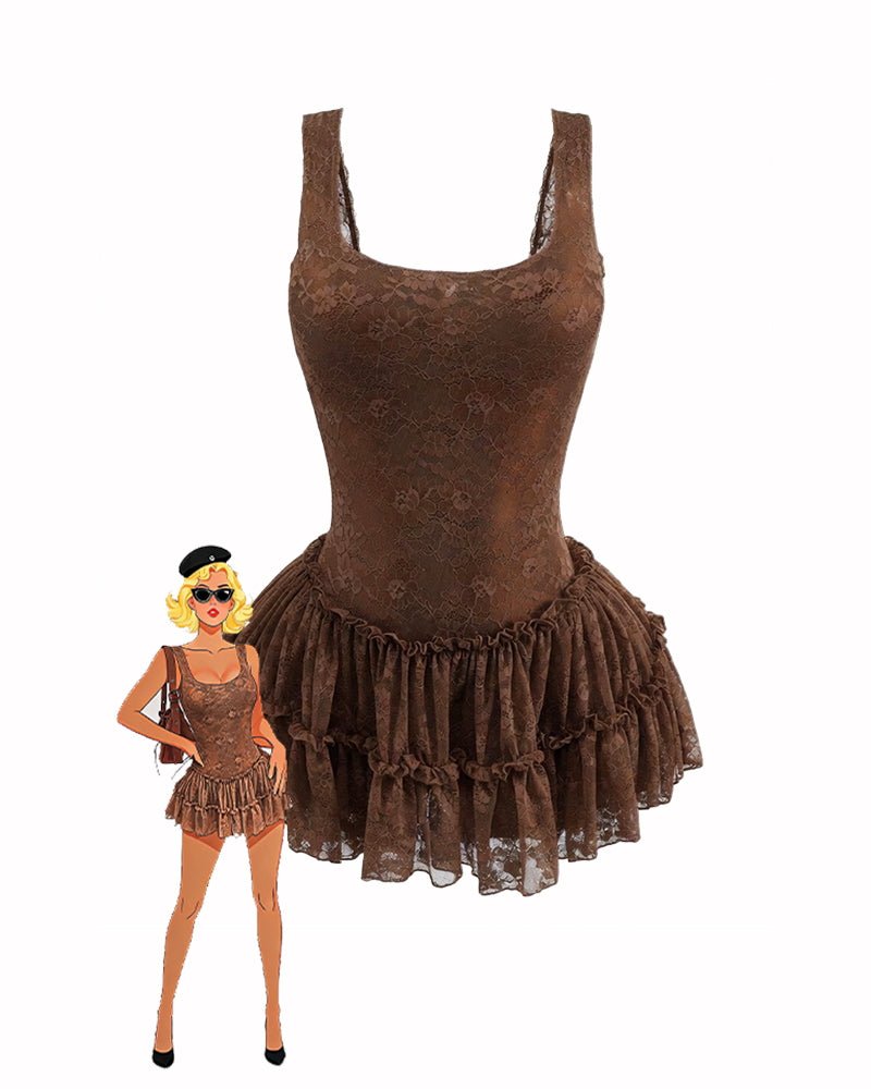 Brown lace mini dress on mannequin with tiered ruffle skirt