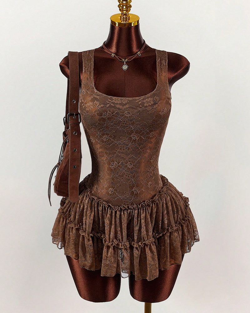 Brown lace mini dress with tiered ruffle skirt and high neckline