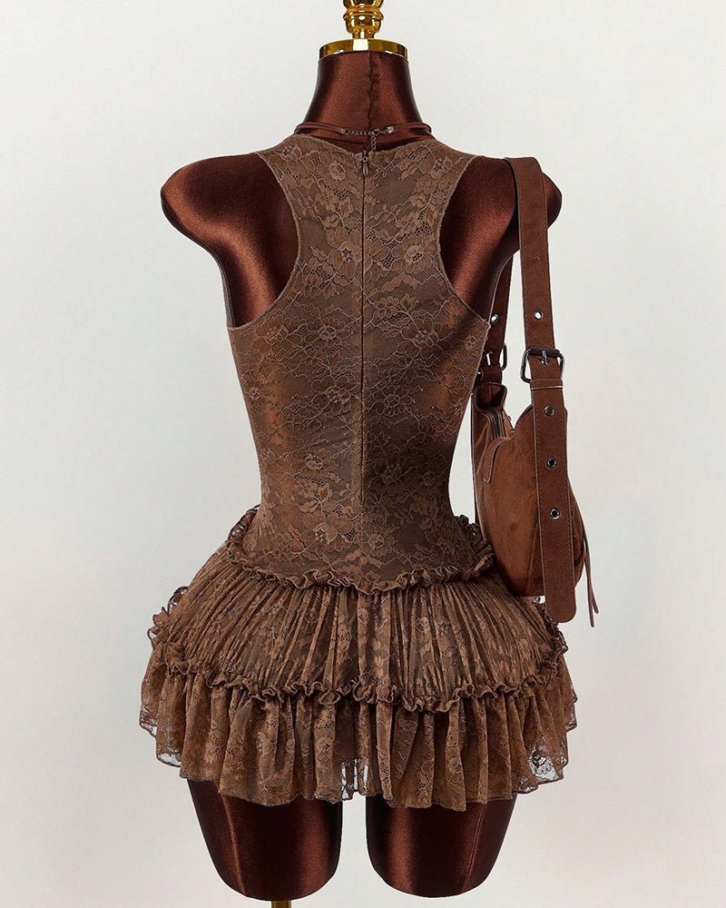 Brown lace mini dress back view with tiered ruffle hem