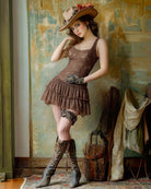 Brown lace mini dress with gathered ruffle skirt and sleeveless bodice