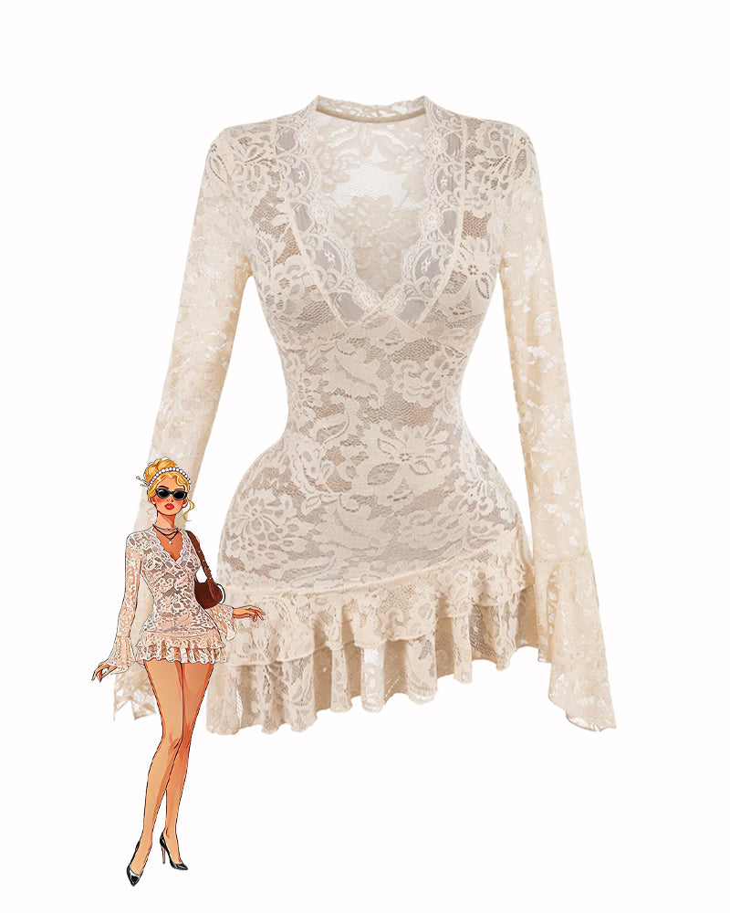 Cream floral lace mini dress with long sleeves and ruffled hem