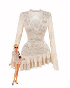 Cream floral lace mini dress with long sleeves and ruffled hem