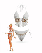 White pleated halter bikini set with shell starfish accents and tassel trim, two-piece