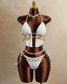 White halter triangle bikini top and string bikini bottom with pleated tassel fringe