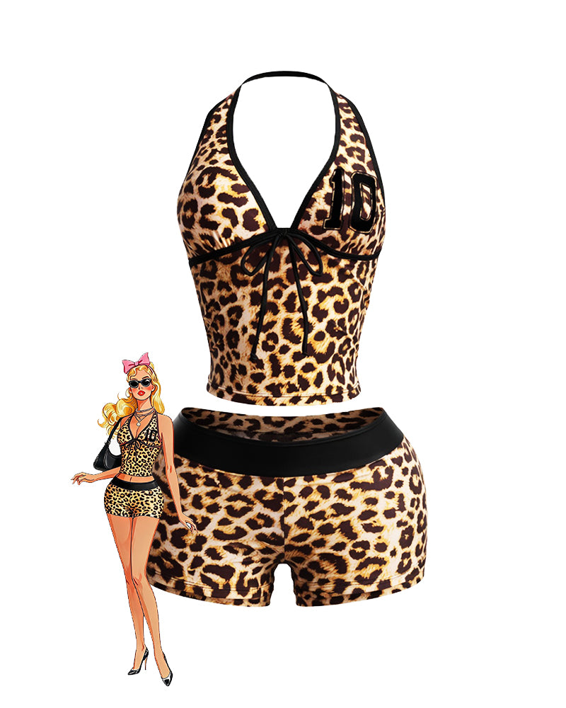 Leopard print halter crop top and high-waisted shorts set, black trim, front view
