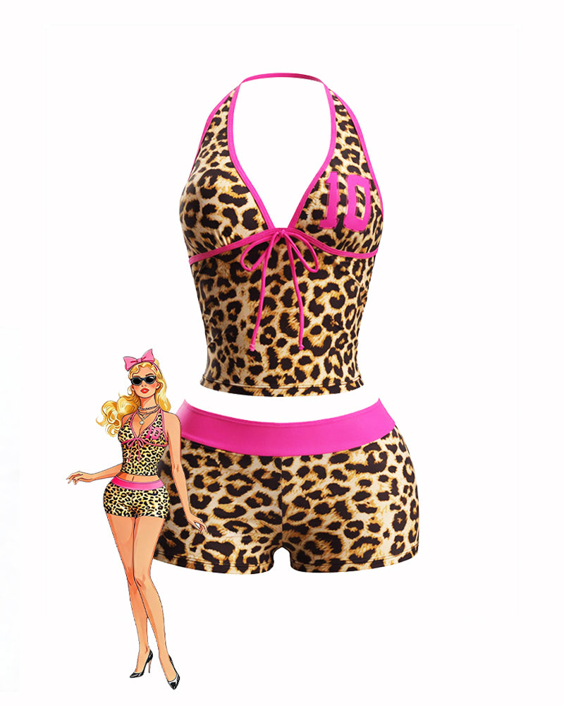 Leopard print halter crop top and high-waisted shorts set, rose pink trim, front view