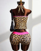 Leopard print halter crop top and high-waisted shorts set, rose pink trim, back tie