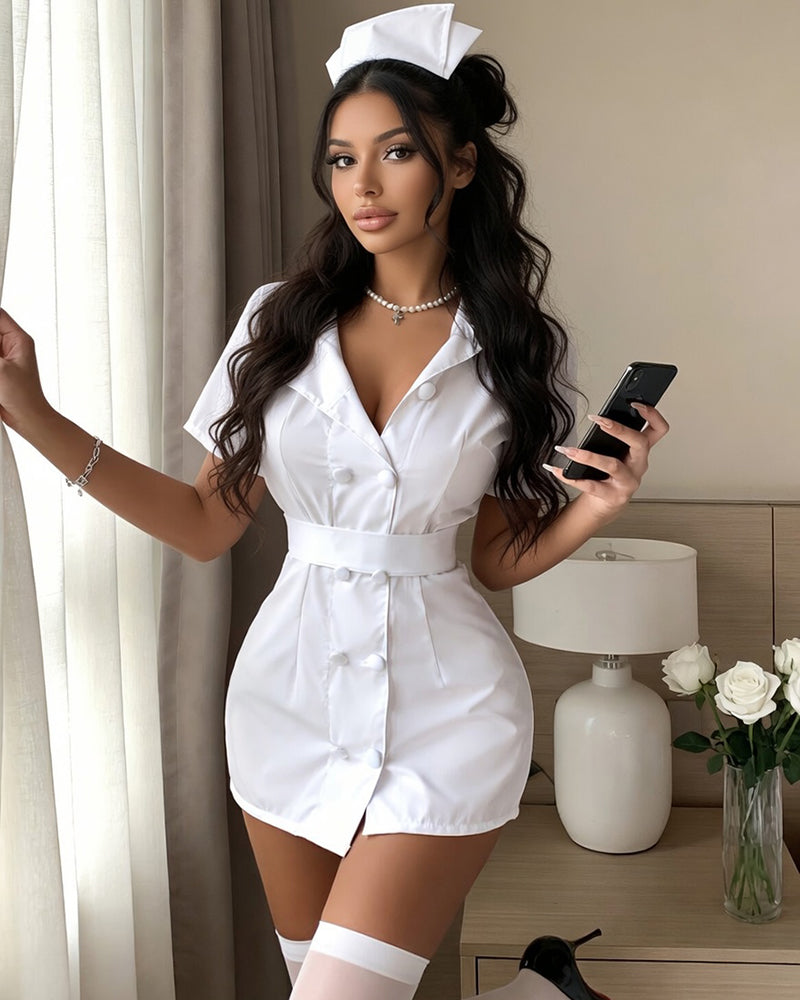 White nurse-style costume dress with pointed hat, short sleeves, and belted waist