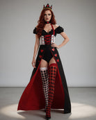 Queen-style corset bodysuit costume with red-and-black heart motifs, crown, cape skirt