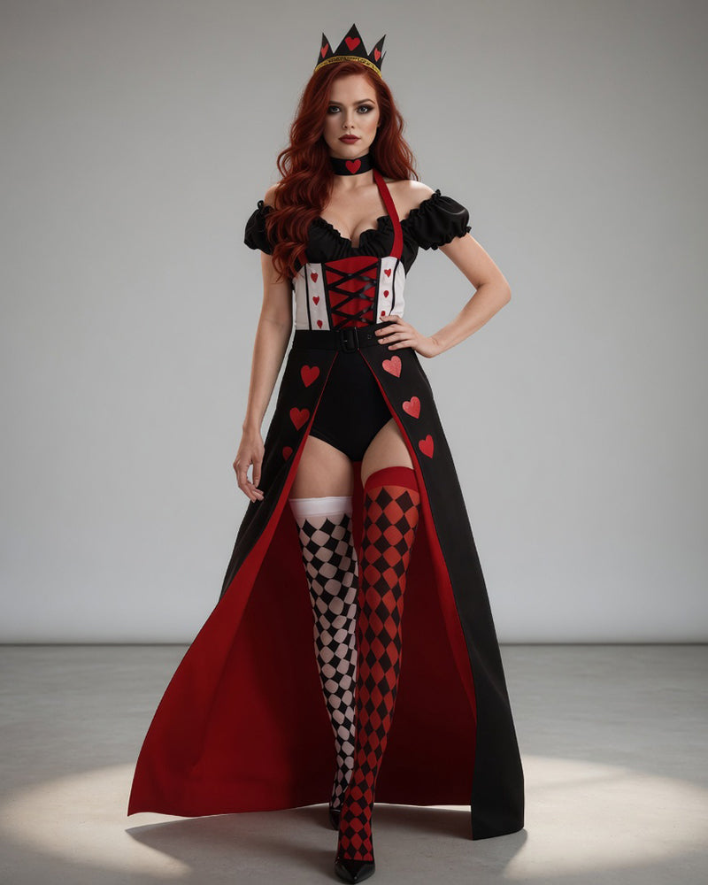 Queen-style corset bodysuit costume with red-and-black heart motifs, crown, cape skirt
